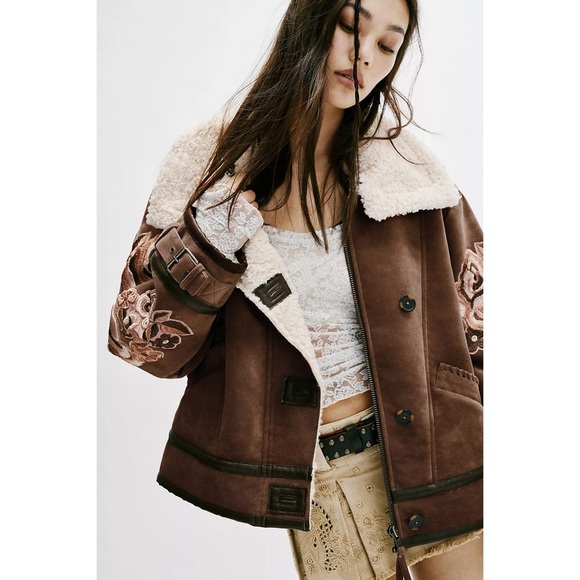 Free People Andies Vegan Moto Jacket Embroidered Floral Brown Bear Small NWT - Picture 14 of 14